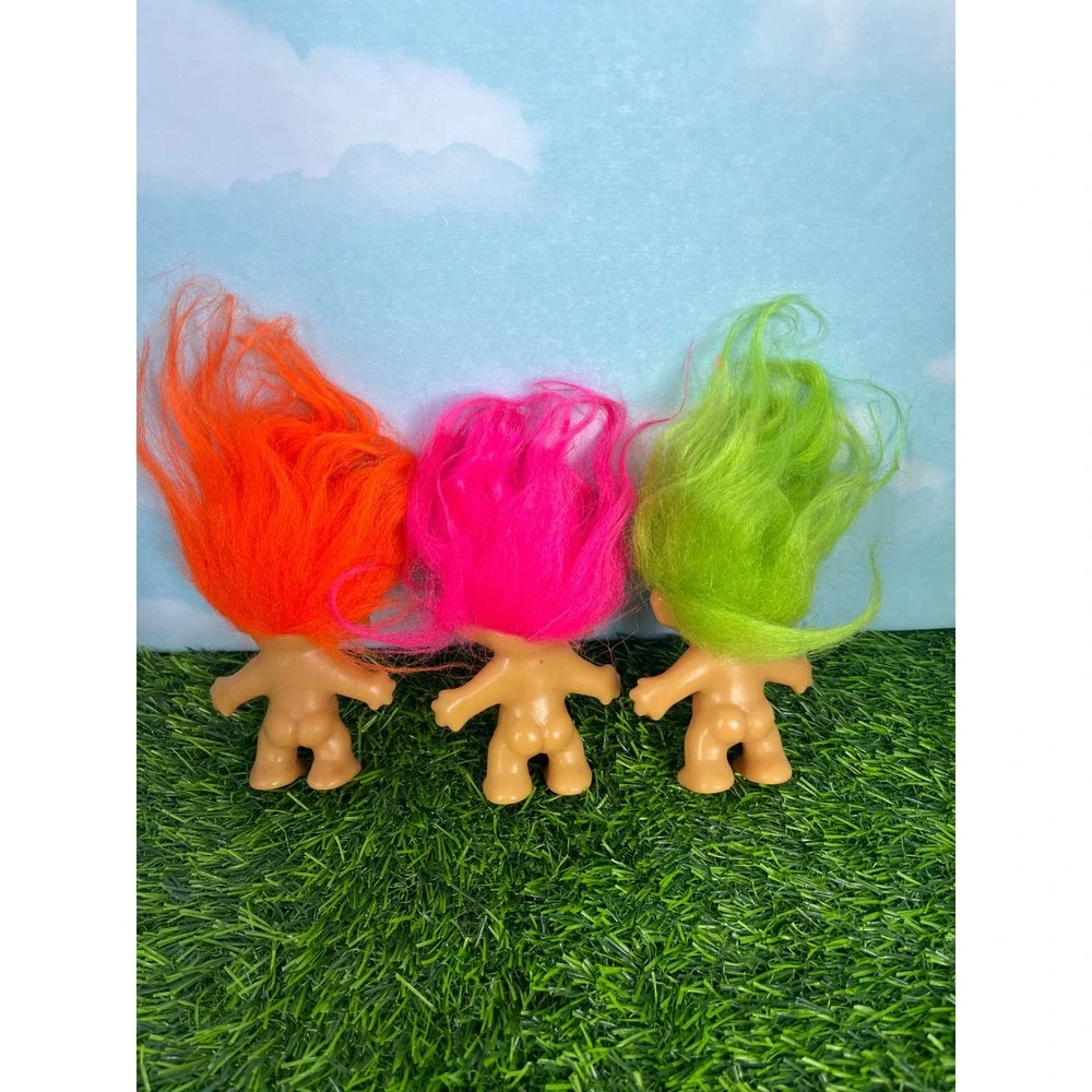Vintage Troll Doll Lot of 3 Neon Orange Pink Green 3 Inch Figures